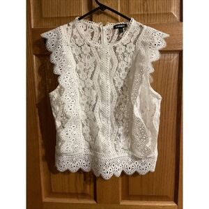 White lace NOT lined top/blouse, size M Express Lace Boho Ruffle